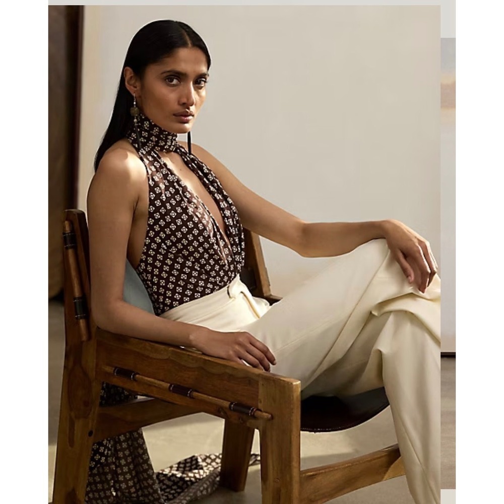 RALPH LAUREN PURPLE LABEL Jarvis Print Stretch Cady Top SZ 2 NWT $1990 Mocha/Crm